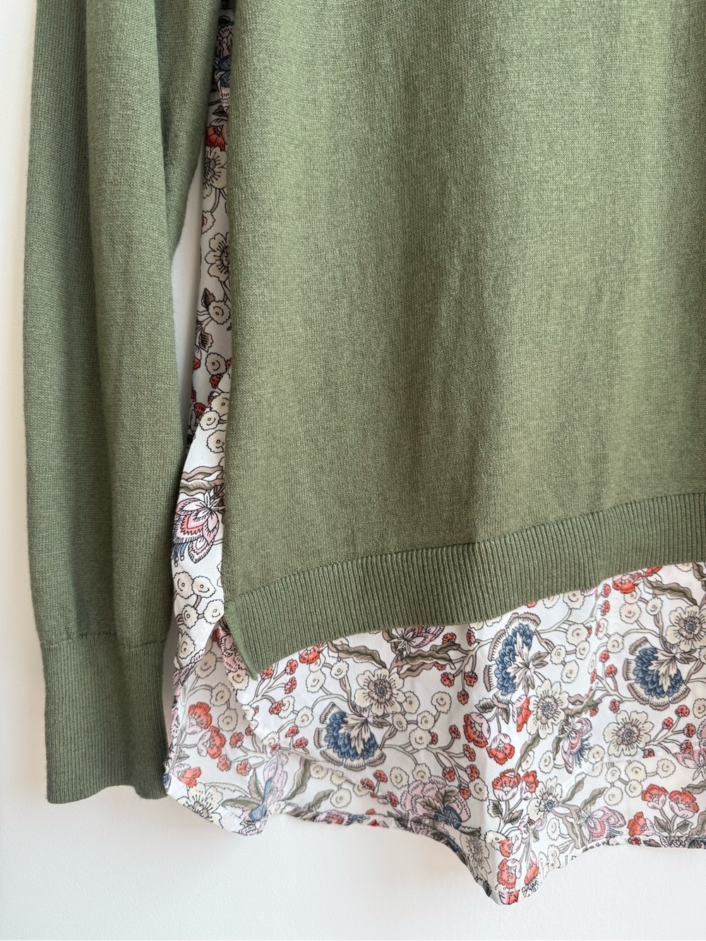 LOFT Olive Green Crewneck Sweater with Floral Layered Hem - Picture 2 of 13